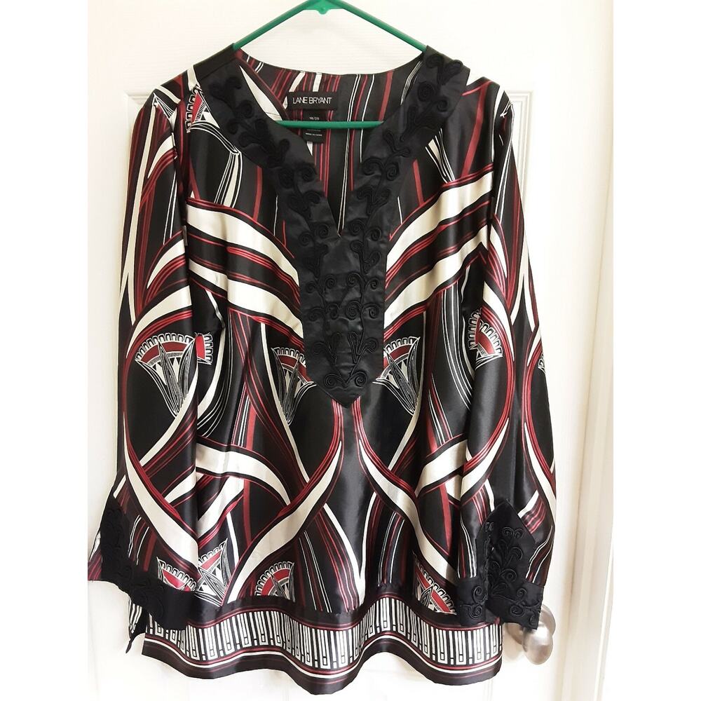 Lane Bryant Blouse Women's Plus Size 18/20 black ivory & red, silky Flowy Ruffle